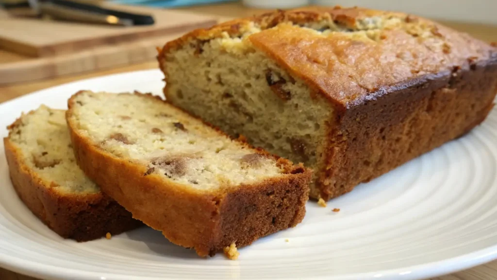 Sliced cottage cheese banana bread on a white plate, showing a moist, tender crumb with golden edges.