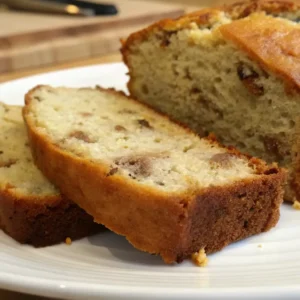Close-up of sliced cottage cheese banana bread on a white plate, showing a moist, tender crumb and golden crust.