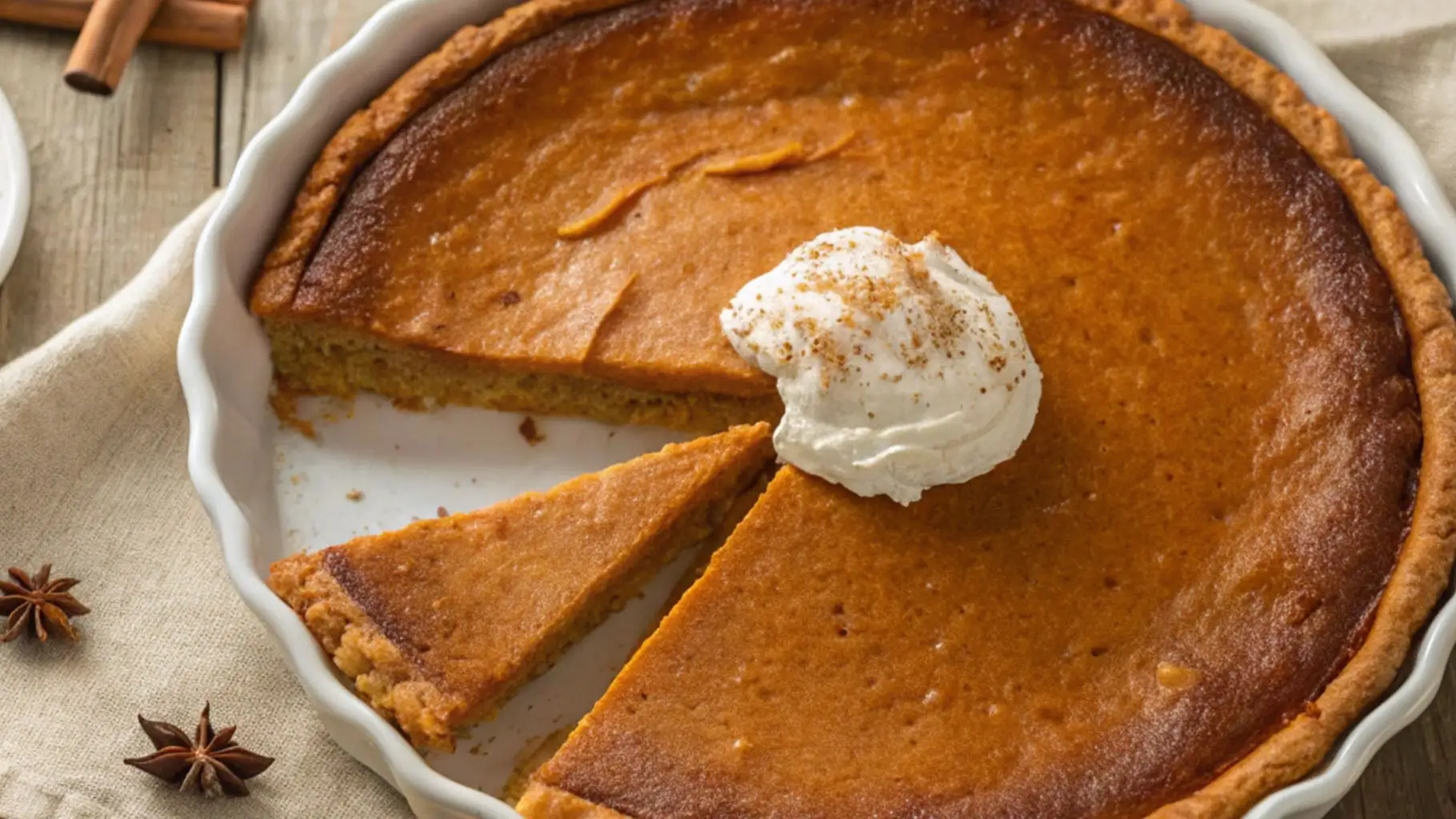 Overhead view of a golden-brown pumpkin pie in a white ceramic dish, two slices pulled out slightly and topped in the center with a dollop of whipped cream sprinkled with spices.