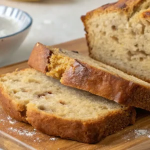 Close-up of sliced gluten free banana bread on a wooden board, showing a soft, moist crumb and golden brown crust, with light flour dusting around the slices.