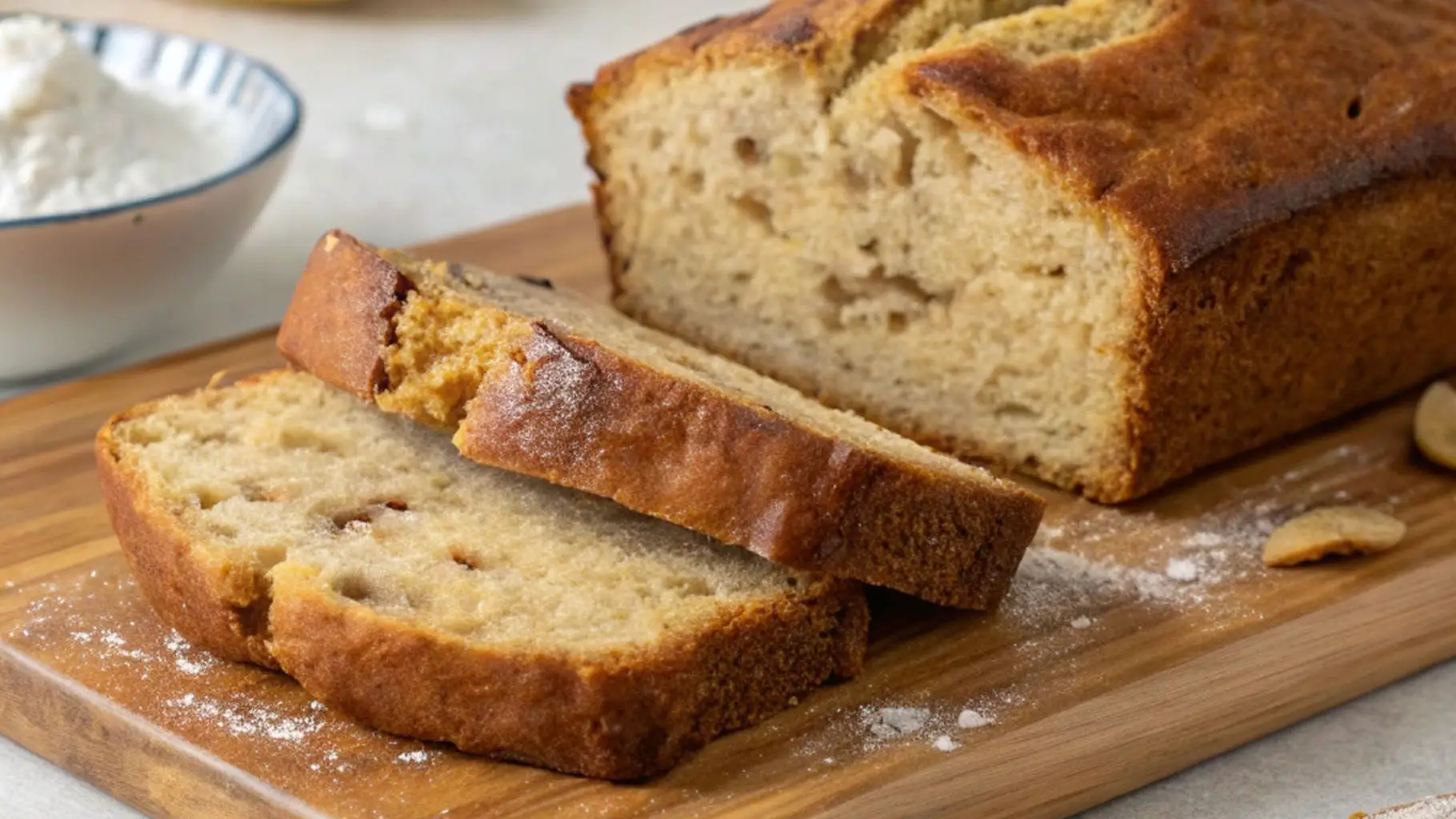 Close-up of a sliced loaf of gluten free banana bread on a wooden board, showing its moist, tender crumb and golden brown crust with flour dusted around.