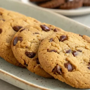 Close-up of golden gluten free chocolate chip cookies arranged on a ceramic plate, showing crisp edges and visible chocolate chunks.