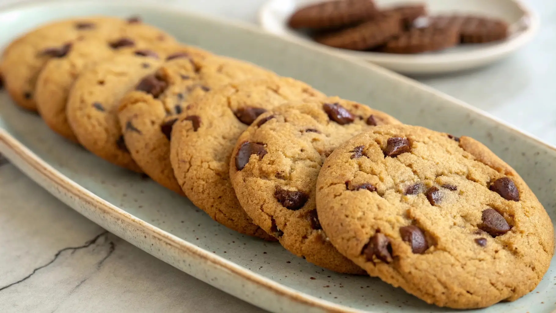 Row of golden brown gluten free chocolate chip cookies neatly arranged on a long ceramic plate, with visible chocolate chunks and a blurred plate of cookies in the background.