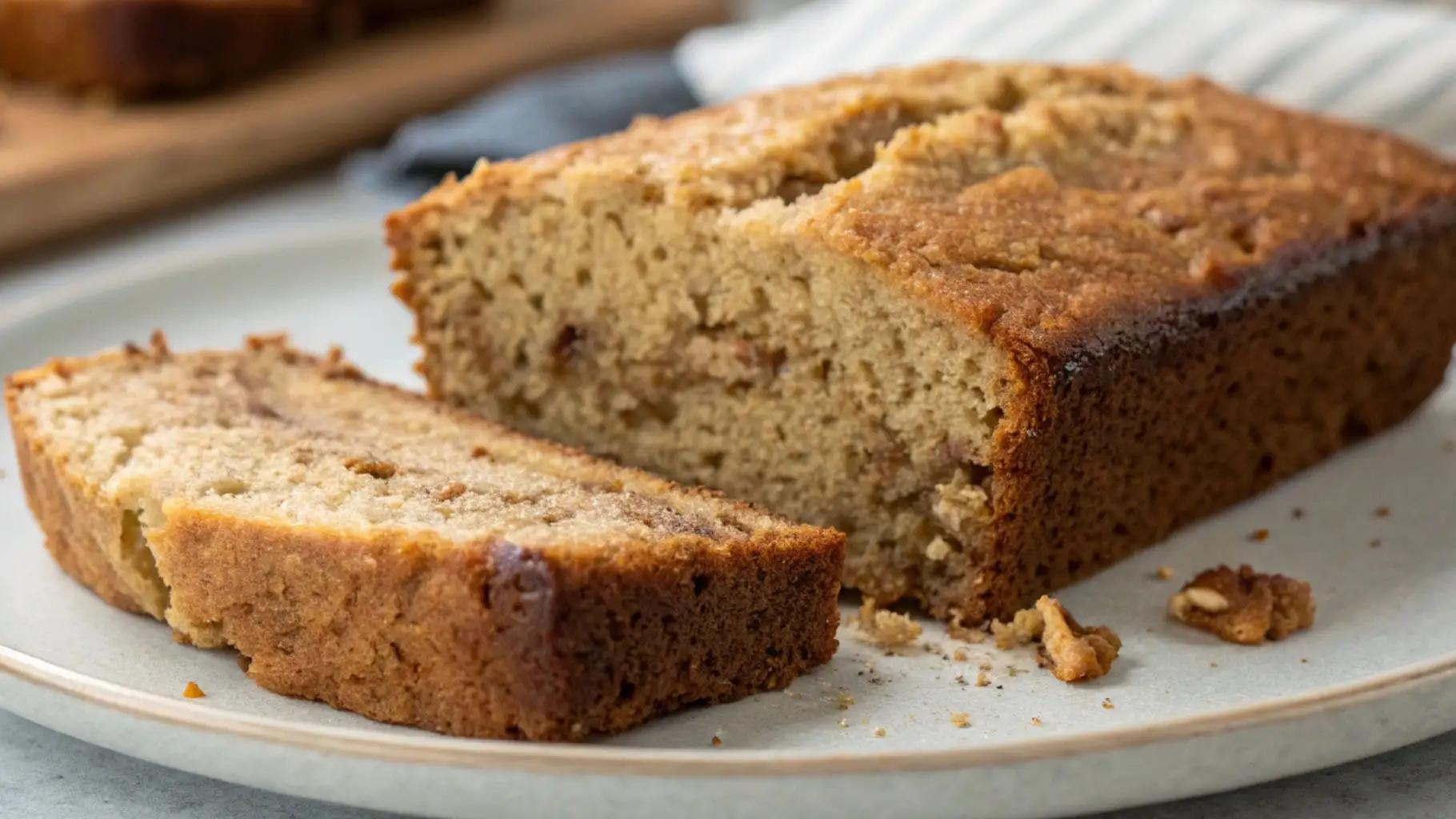 Sliced loaf of healthy banana bread on a light plate, showing a moist golden crumb and crisp brown edges.