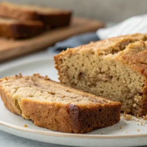 Close-up of sliced healthy banana bread on a plate, showing a moist, tender crumb and golden-brown crust.