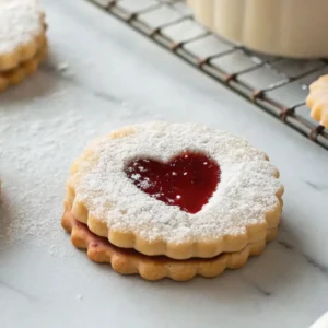 Single fluted Linzer tart cookie sandwich with a heart-shaped raspberry jam window and powdered sugar on marble, cooling rack blurred in background.