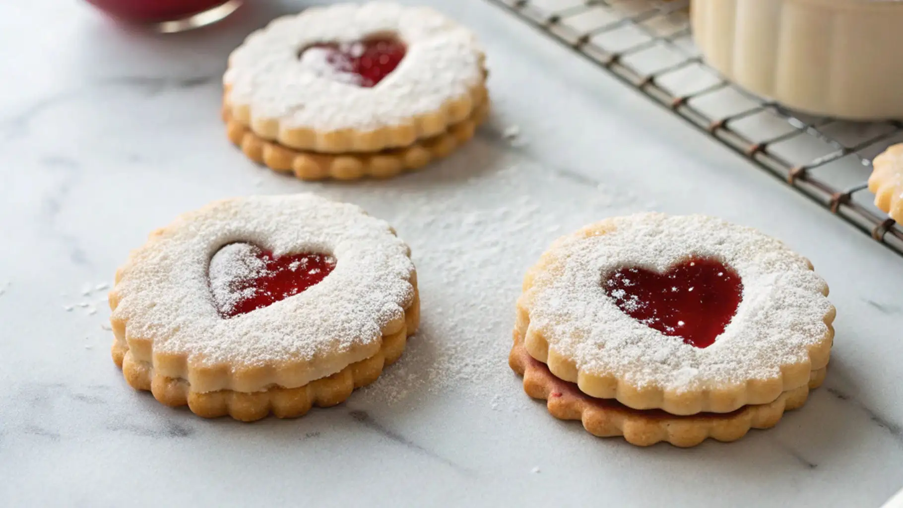 Fluted Linzer tart cookies sandwiched with seedless raspberry jam, heart-shaped cutouts, and a light dusting of powdered sugar on a marble surface near a cooling rack.