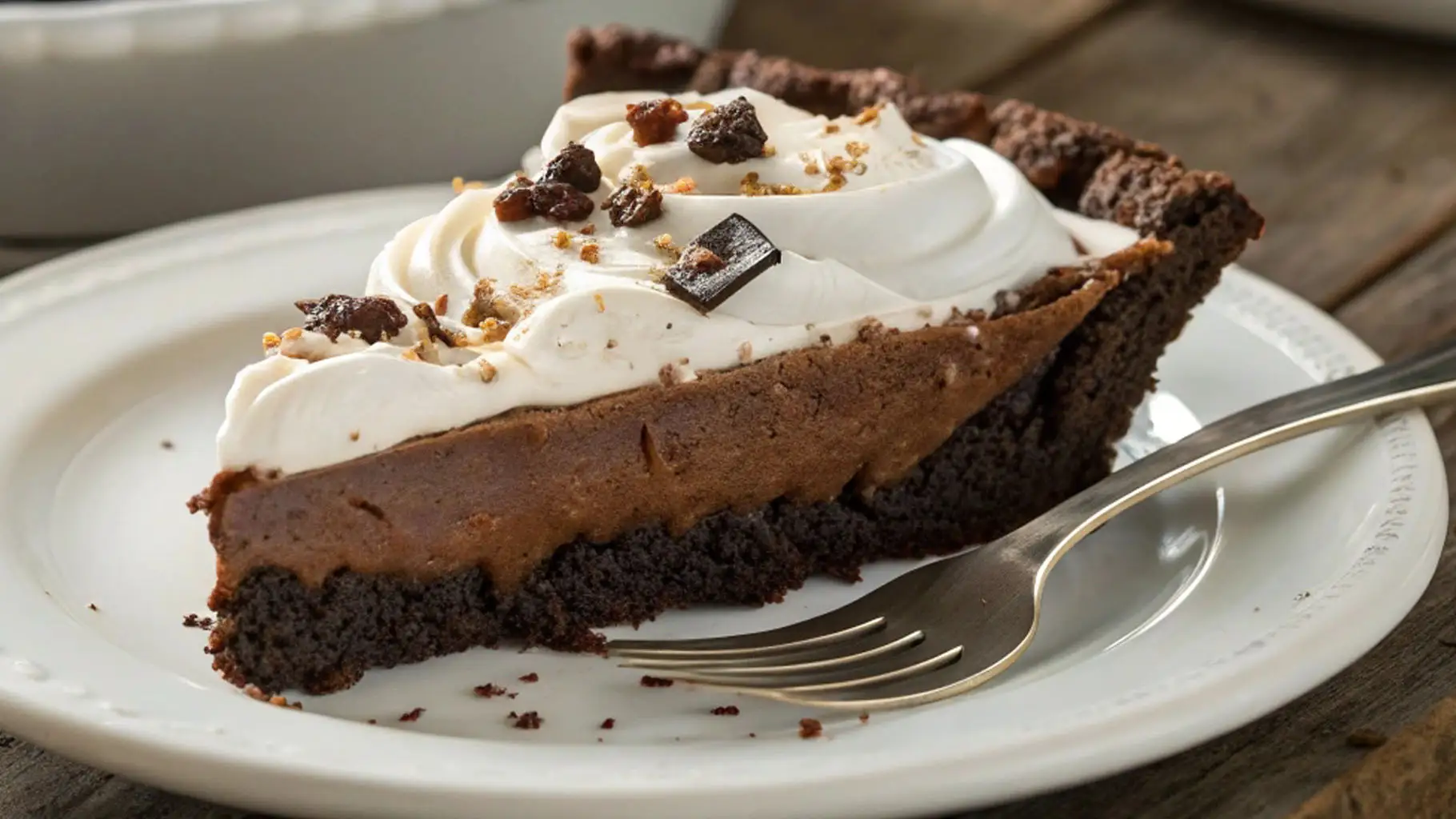 Slice of Mississippi mud pie with a dark chocolate cookie crust, fudgy chocolate filling, and swirls of whipped cream topped with chocolate pieces on a white plate with a fork.