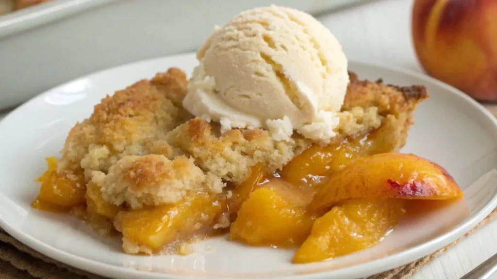 Slice of warm peach cobbler with cake mix topped with a scoop of vanilla ice cream on a white plate, juicy peaches and crumbly golden crust visible.
