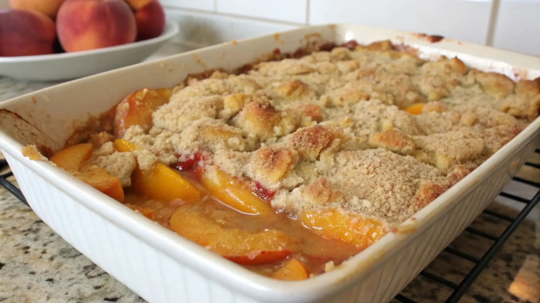 Freshly baked peach cobbler with a golden, crumbly cake mix topping in a white rectangular baking dish, peach filling bubbling at the edges on a cooling rack.