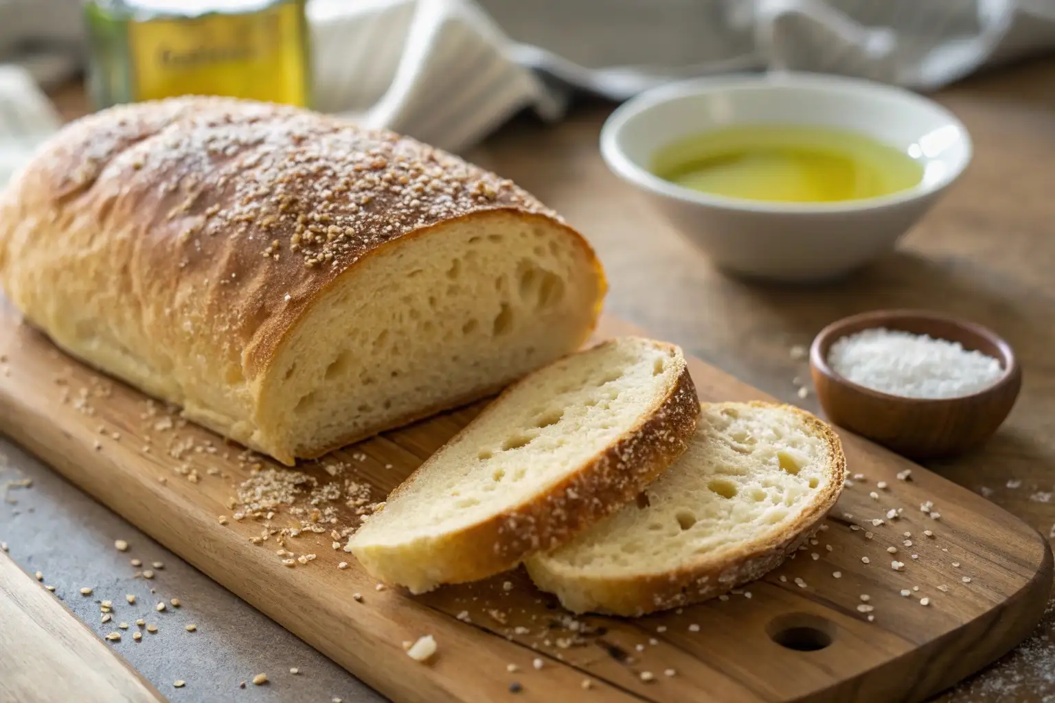 Sliced semolina bread with a golden crust on a wooden board, sprinkled semolina, olive oil and sea salt bowls blurred in the background.