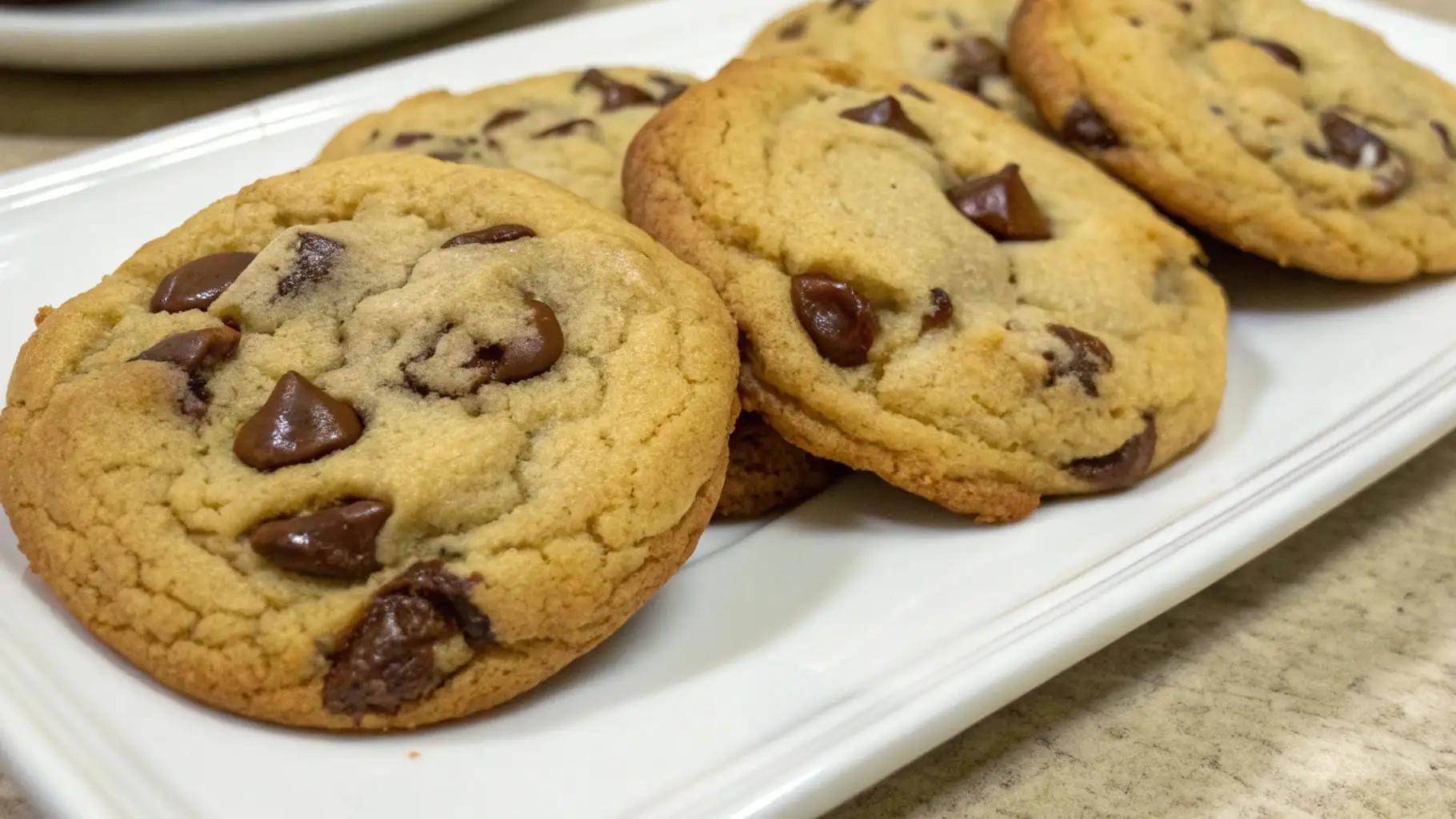 Close-up of thick, golden small batch chocolate chip cookies lined up on a white rectangular plate