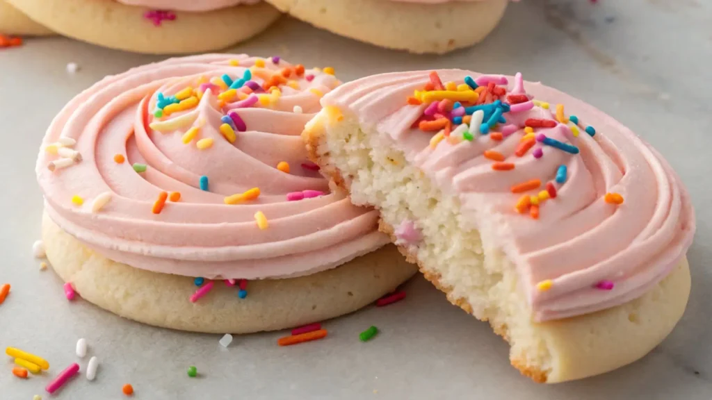 Soft sugar cookies topped with pink buttercream frosting and colorful rainbow sprinkles, with one cookie broken in half to show the fluffy interior.