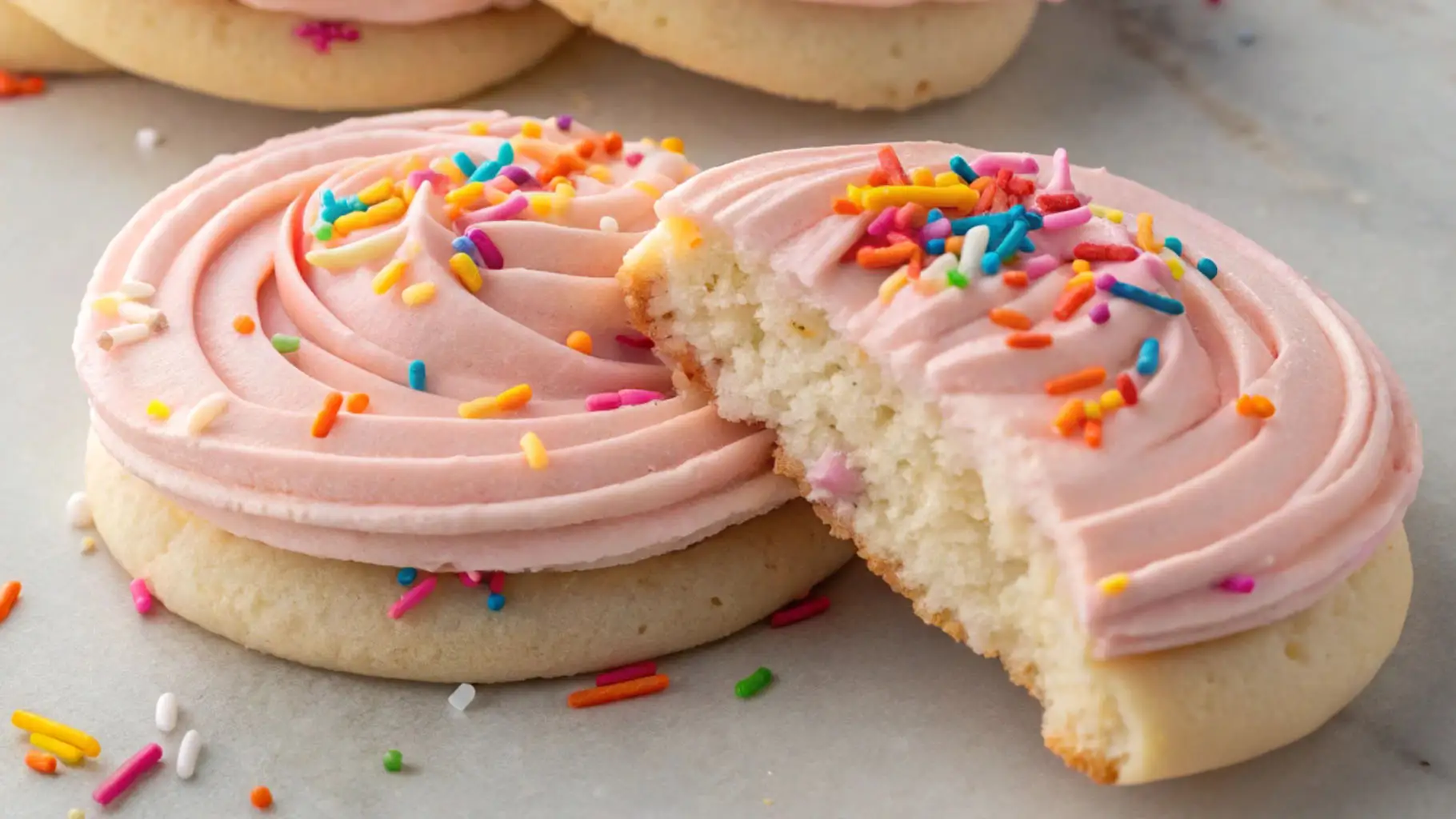 Soft sugar cookies topped with pink buttercream frosting and colorful rainbow sprinkles, with one cookie broken in half to show the fluffy interior.