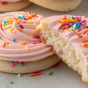 Close-up of soft sugar cookies topped with pink swirled frosting and colorful rainbow sprinkles, with one cookie broken open to show the fluffy interior.