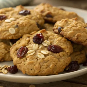 Close-up of soft, golden oatmeal cookies topped with dried cranberries and oat flakes on a white plate.