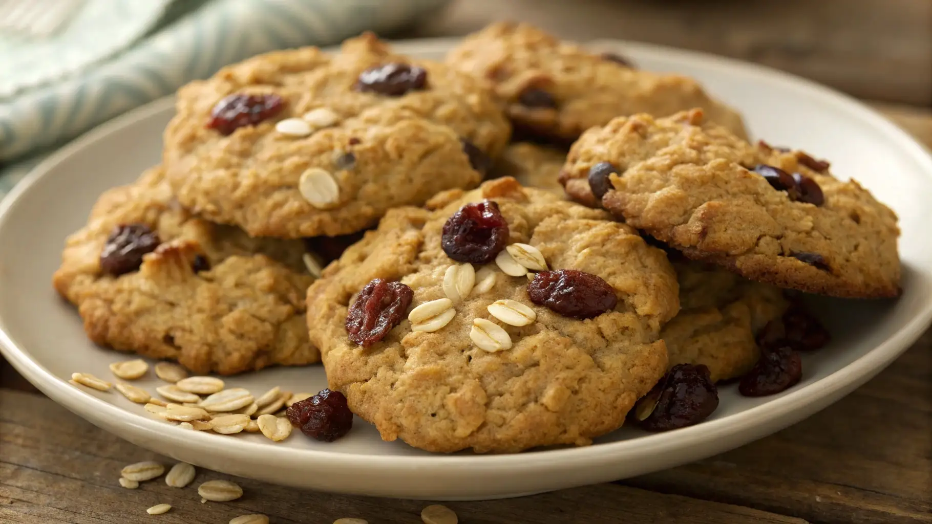 Soft, chewy oatmeal cookies with dried cranberries and oats on top, arranged on a beige plate over a rustic wooden table.