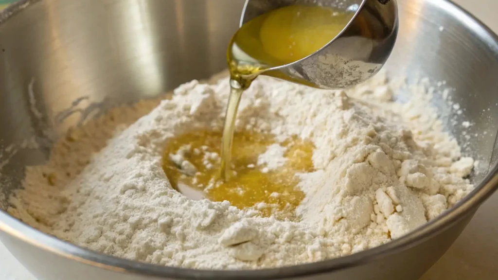 Olive oil being poured into a well of flour in a mixing bowl to start unleavened bread dough.