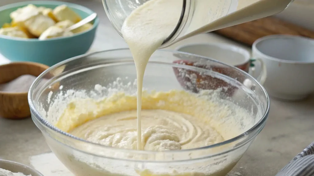 Buttermilk being poured into cake batter while mixing, showing the alternating wet and dry method for bundt cake.