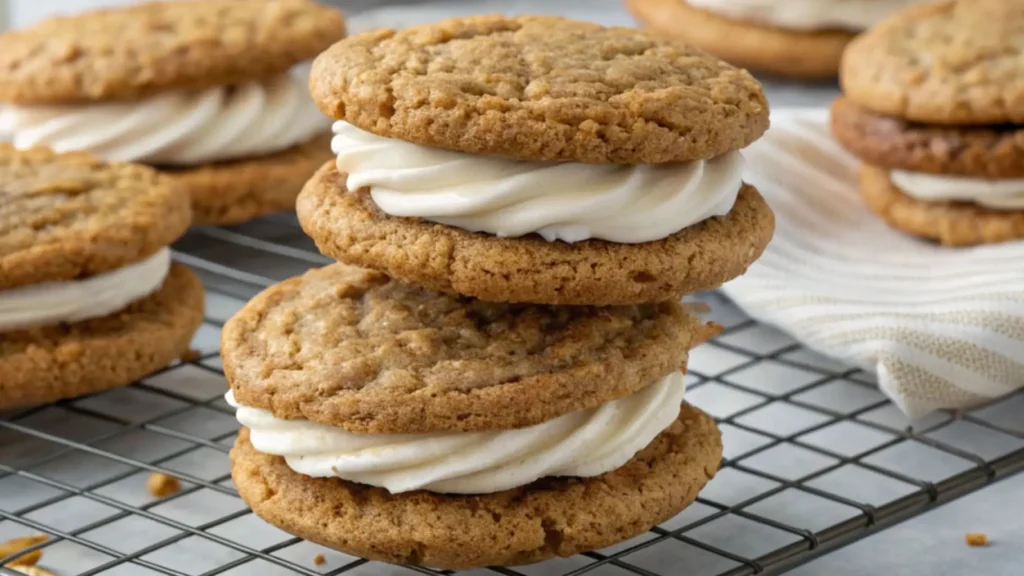 Homemade oatmeal cream pies stacked on a cooling rack, showing soft oatmeal cookies filled with thick vanilla cream.