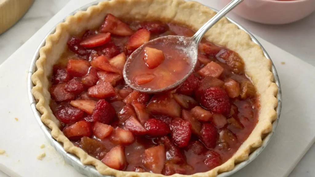 A spoon spreading glossy strawberry rhubarb filling inside a partially baked pie crust, preparing the pie for assembly.