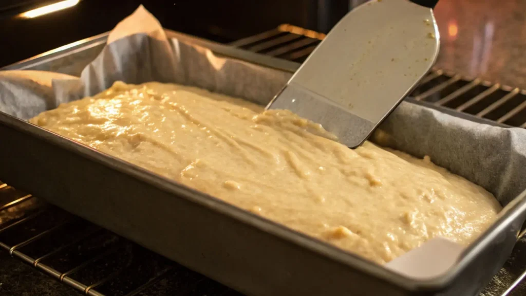 Banana bread batter being spread evenly in a parchment-lined loaf pan before baking.
