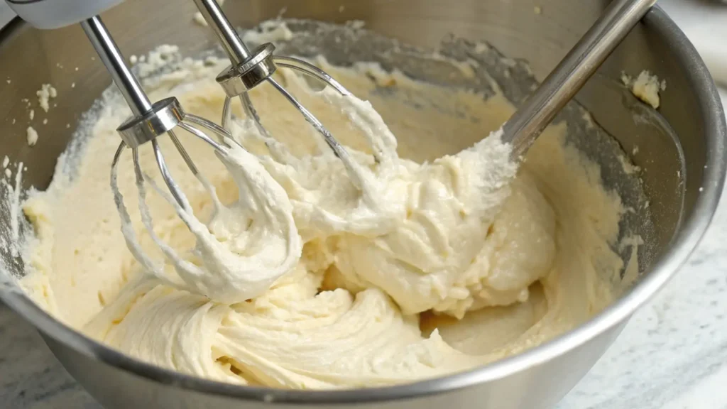 Smooth sour cream pound cake batter being mixed with electric beaters in a stainless steel bowl.