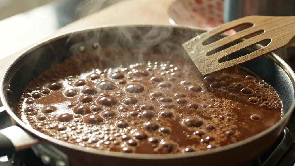 Chocolate mixture at a rolling boil in a saucepan, bubbling vigorously with steam rising and a wooden spatula resting on the edge.