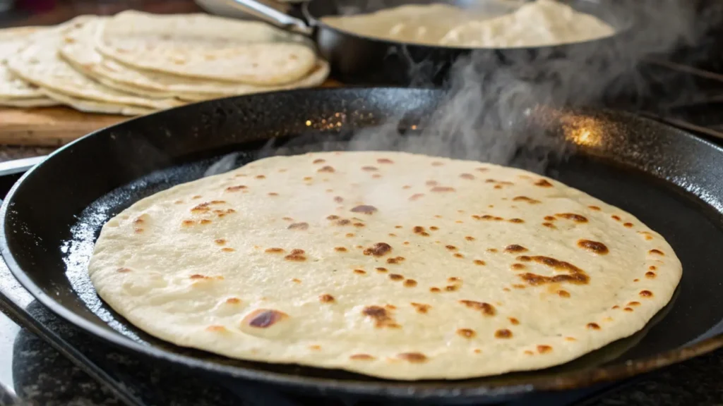 Unleavened bread cooking in a hot skillet with steam rising from the surface.