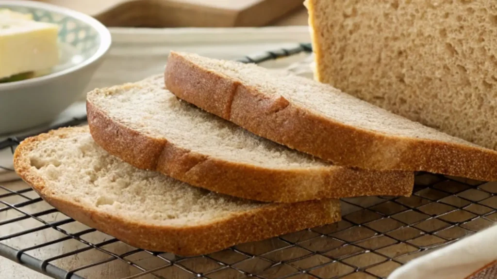 Slices of homemade wheat bread cooling on a wire rack, showing a soft crumb and evenly baked golden crust.