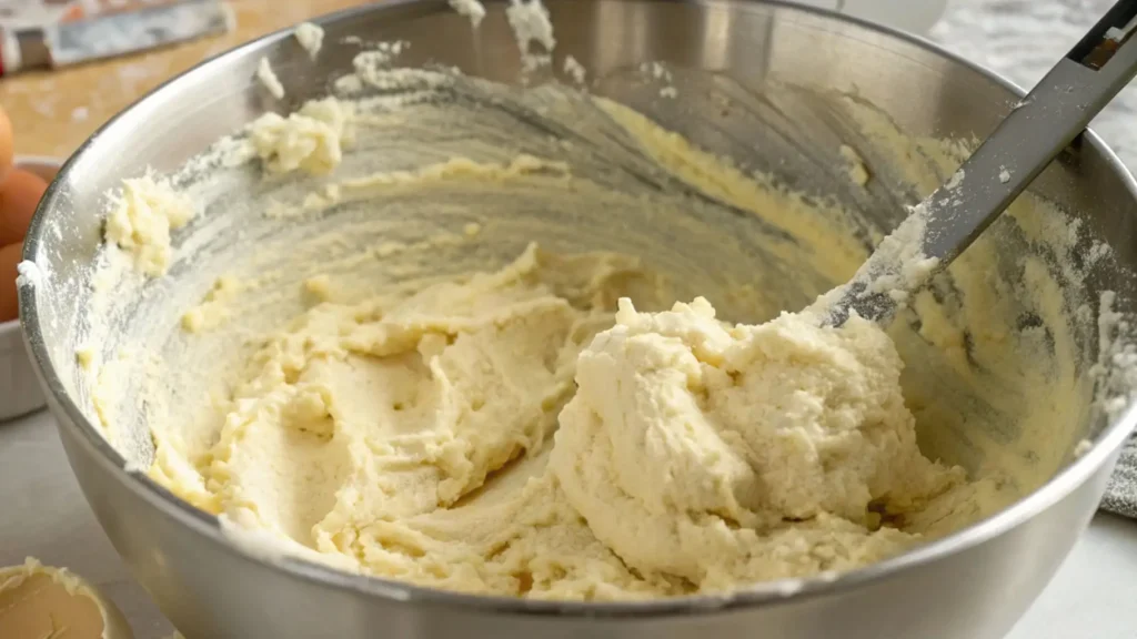 Creamed butter and sugar whipped until light and fluffy in a metal mixing bowl with a spatula.