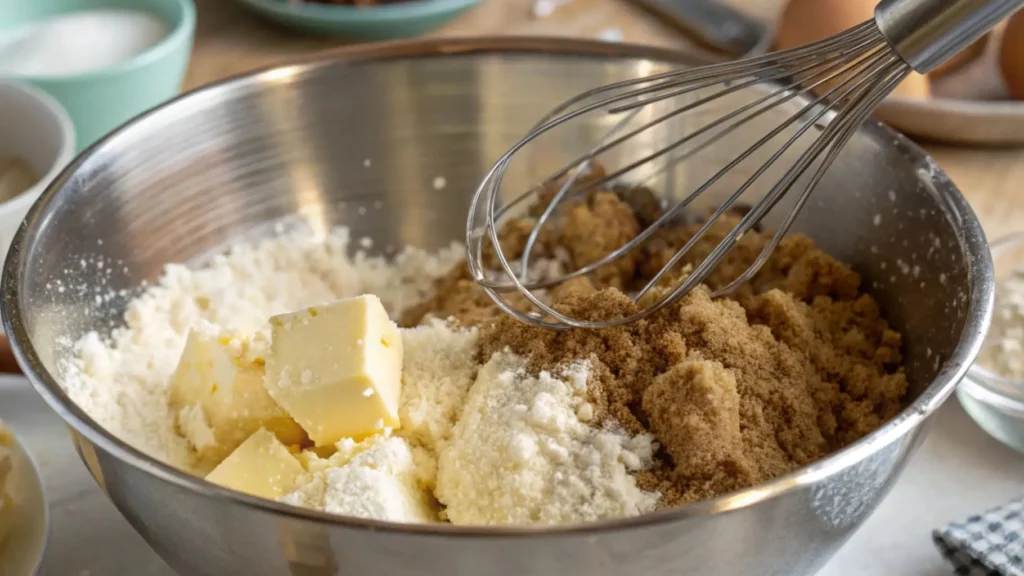 Butter, brown sugar, and flour in a mixing bowl with a whisk, ready to be creamed for cookie dough.