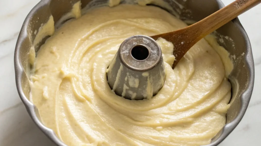 Thick sour cream pound cake batter spread evenly in a greased bundt pan with a wooden spoon.