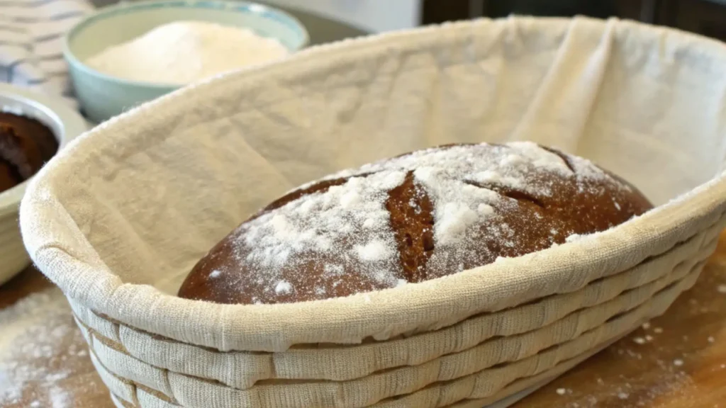 Shaped chocolate sourdough loaf dusted with flour resting in a cloth-lined proofing basket during the final proof stage.