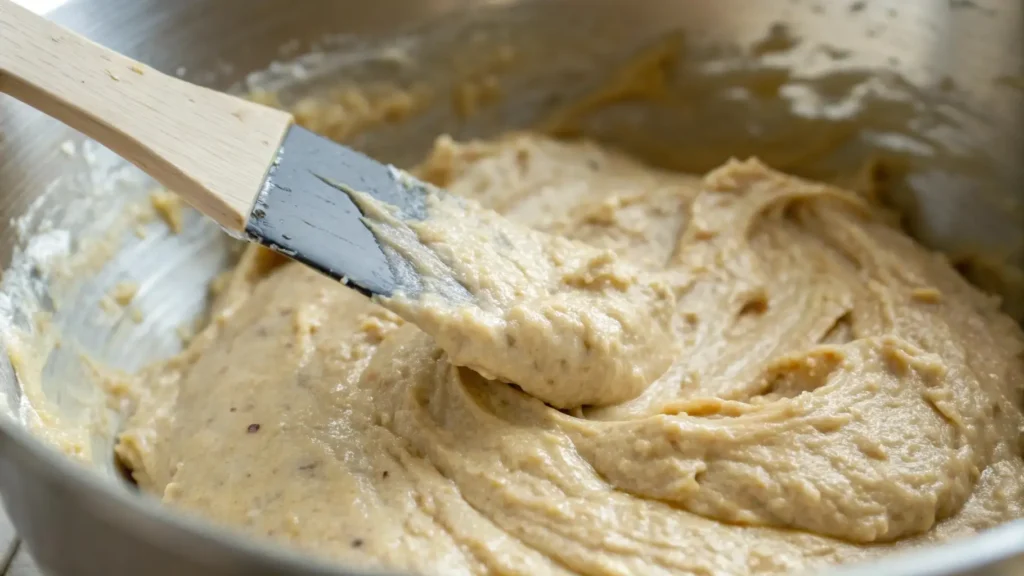 Banana bread batter being gently folded with a spatula in a mixing bowl.