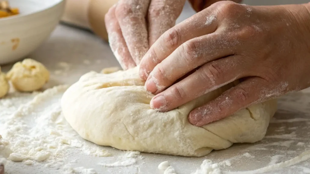Hands kneading soft dough on a floured surface while making unleavened bread.