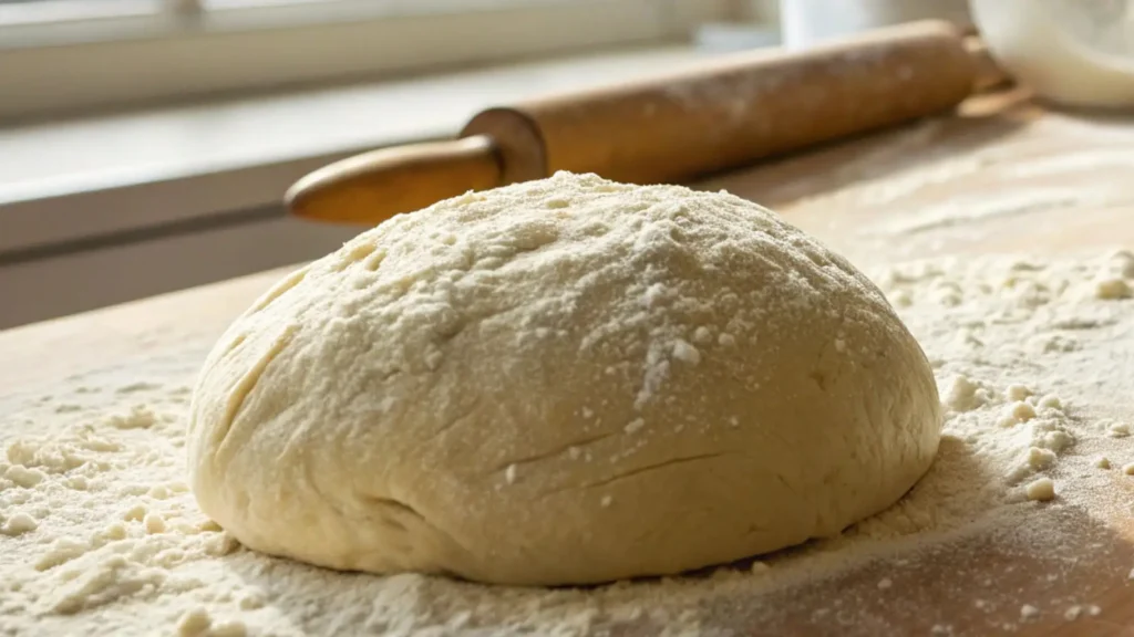 Wheat bread dough being kneaded on a floured surface, shaped into a smooth, elastic ball with a rolling pin in the background.