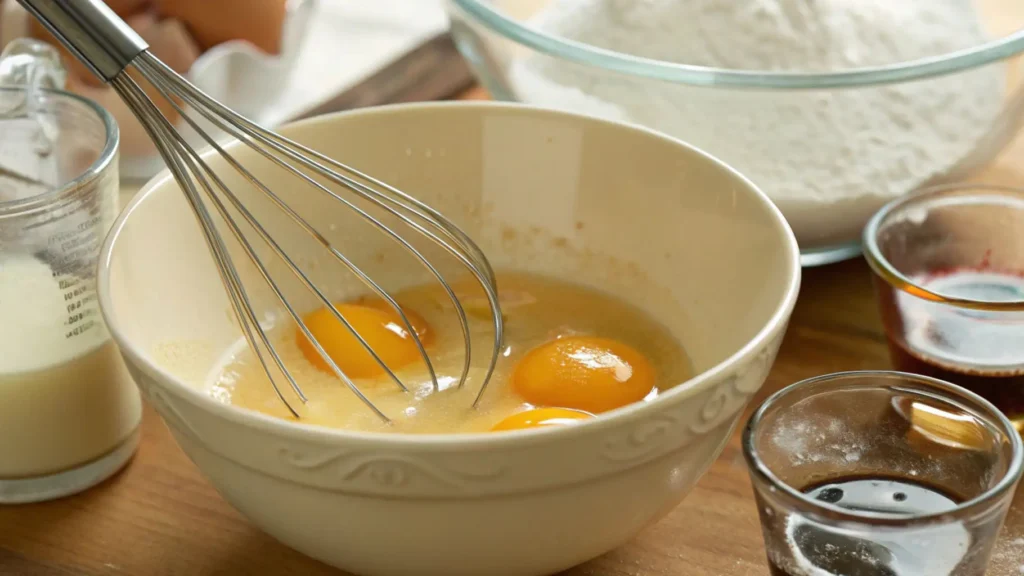 A mixing bowl with eggs, sugar, and a whisk surrounded by flour, milk, and vanilla extract, ready for making the vanilla sponge cake batter.