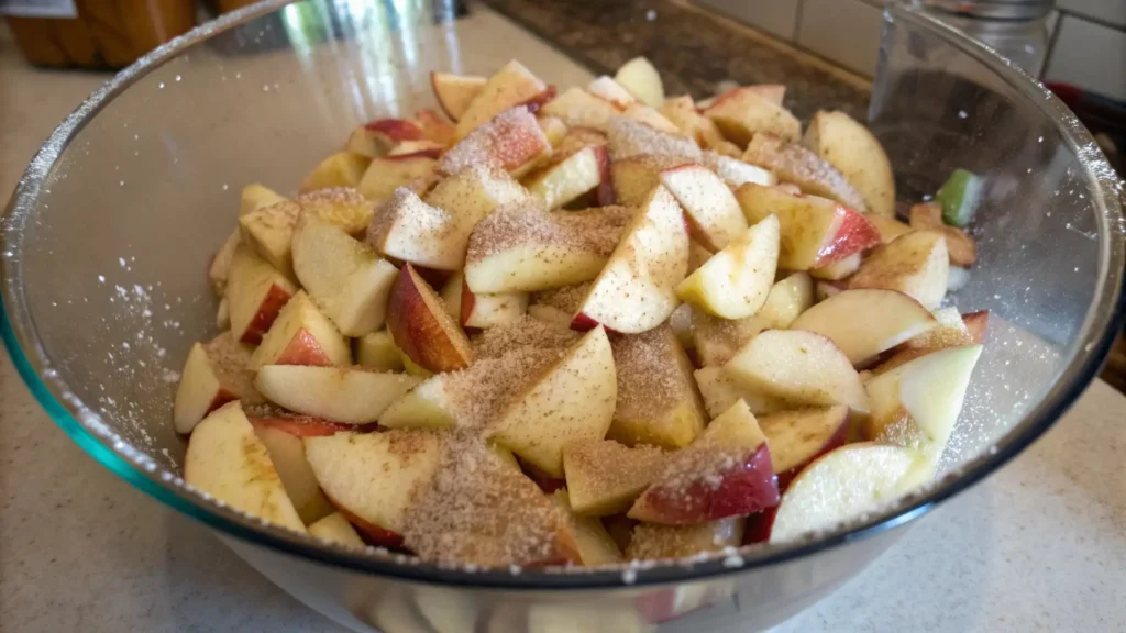 Bowl of sliced apples coated with cinnamon, sugar, and spices, ready to be mixed for a Dutch apple pie filling.