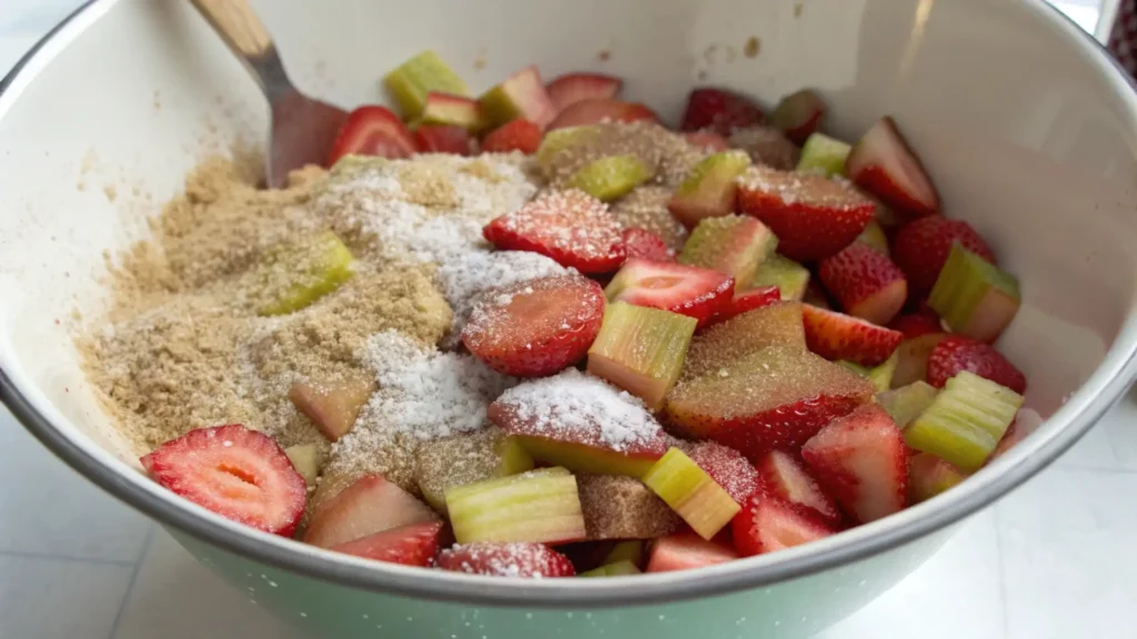 A mixing bowl filled with sliced strawberries and chopped rhubarb topped with sugar, brown sugar, and cornstarch, ready to be combined for pie filling.
