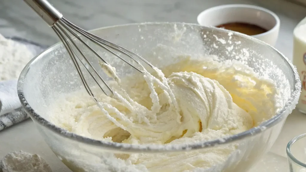 Thick vanilla cream filling being whisked in a glass bowl, showing smooth and fluffy texture for oatmeal cream pies.