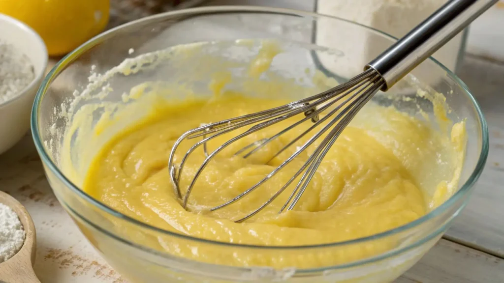 Smooth lemon glaze being whisked in a clear glass bowl until glossy and pourable.