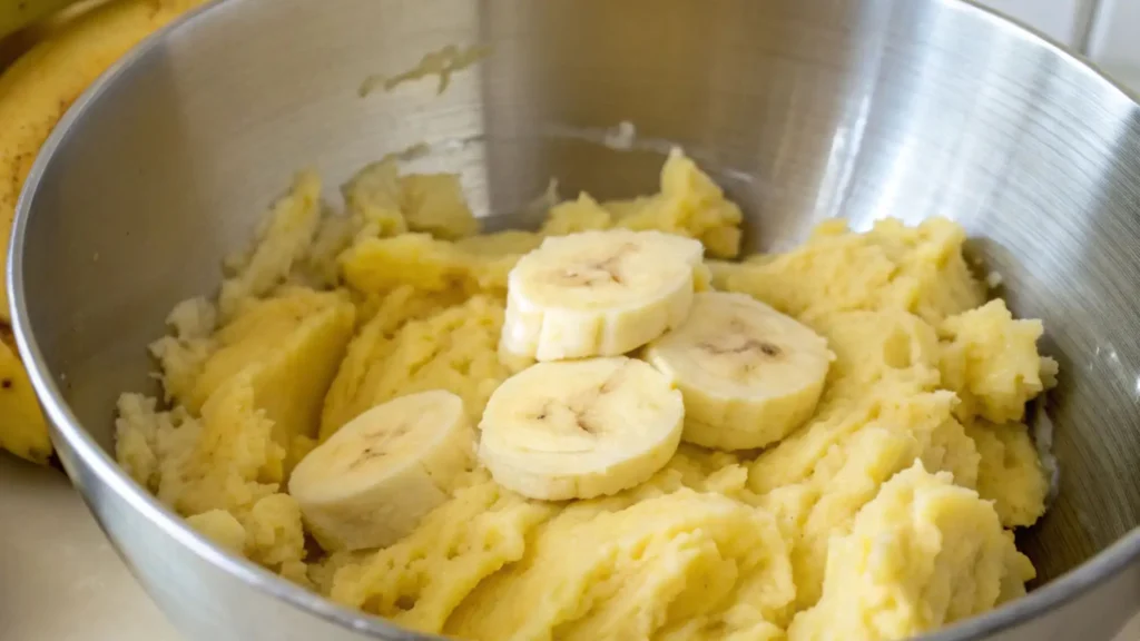 Mashed bananas in a stainless steel mixing bowl with fresh banana slices on top.