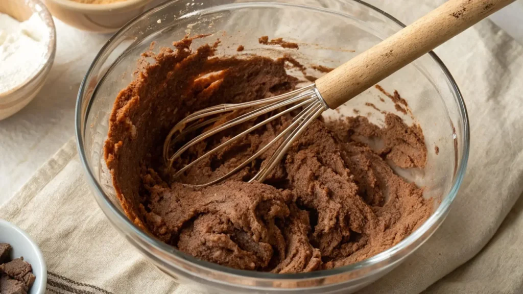 Glass bowl filled with mixed chocolate sourdough dough during the autolyse stage, with a wooden-handled whisk resting inside.