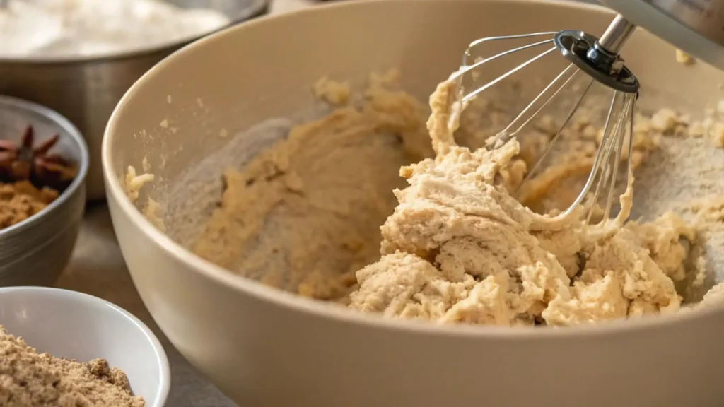 Oatmeal cookie dough being mixed in a large bowl with a stand mixer attachment, showing thick, creamy dough texture.