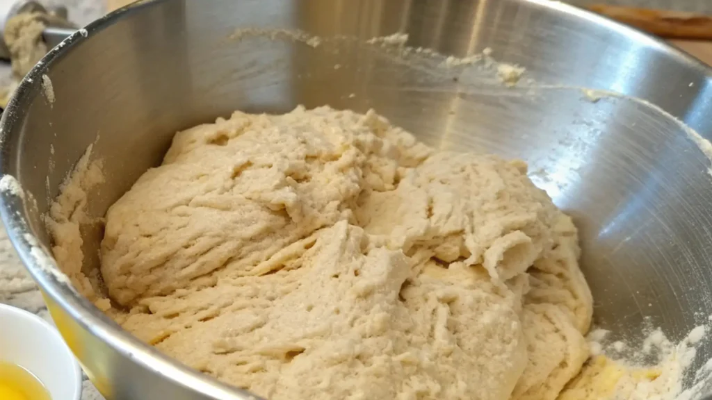Wheat bread dough mixed in a stainless steel bowl, showing a shaggy, slightly sticky texture before kneading.