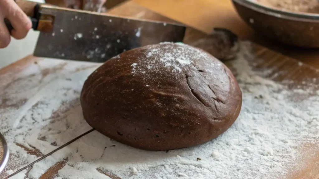 Chocolate sourdough dough shaped into a round loaf on a floured surface, with a baker’s hand holding a bench scraper in the background.