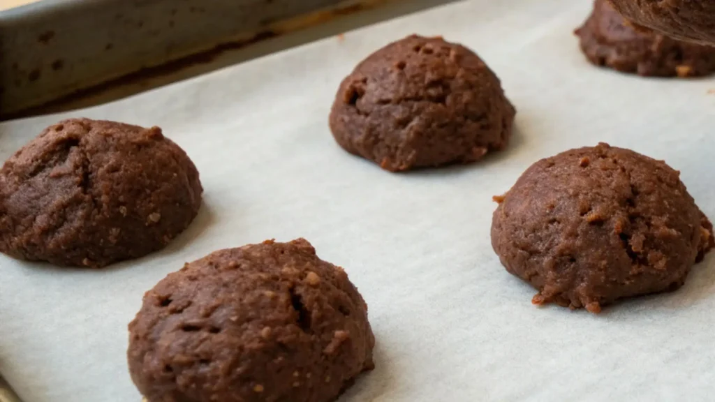 Scoops of chocolate cookie dough placed on a parchment-lined baking sheet before baking.