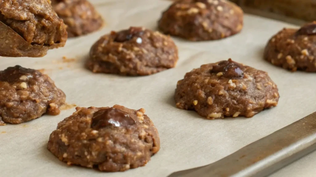 No bake chocolate oatmeal cookie dough scooped into mounds on parchment paper, spaced evenly on a baking sheet.