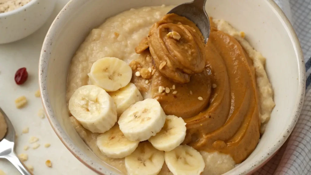 3 ingredient oatmeal cookies you'll love for easy cozy wins 2 Bowl of creamy oatmeal topped with sliced bananas and a generous swirl of peanut butter being scooped with a spoon.